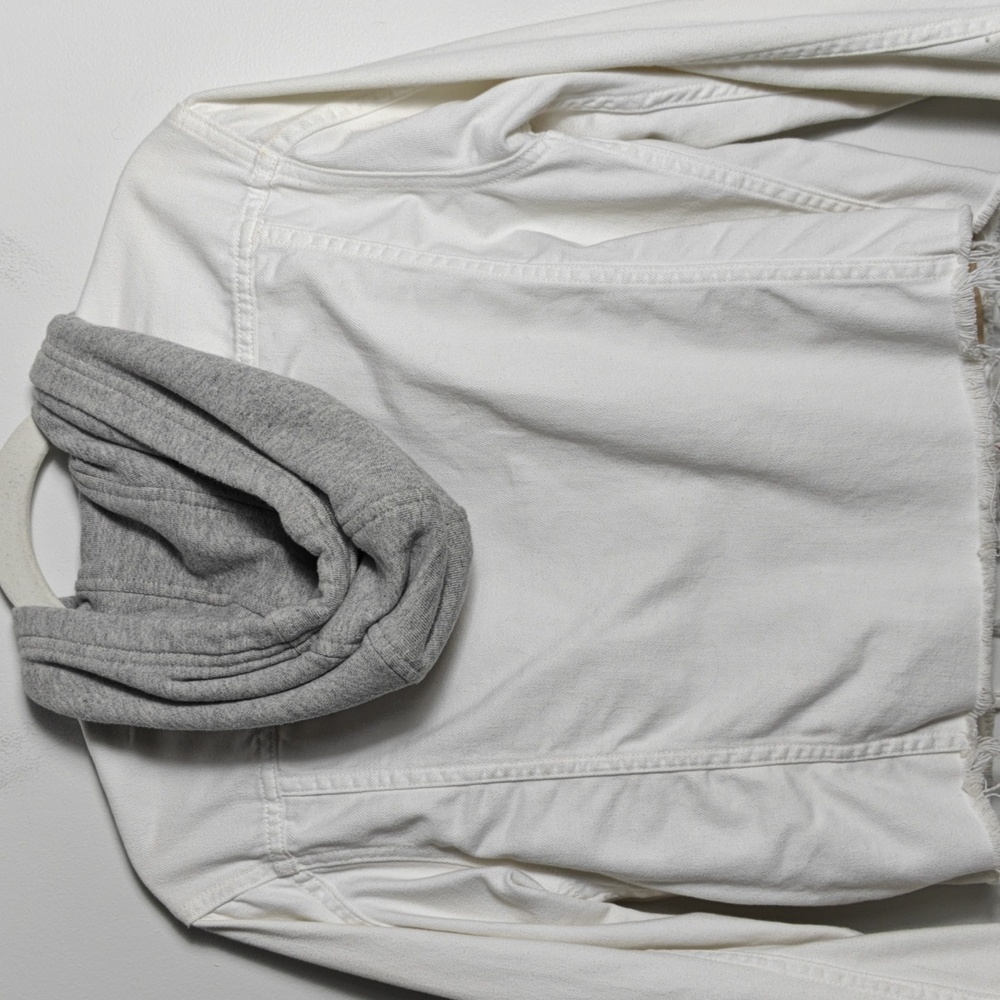 RAG & BONE / JEAN Button Up White Jean Jacket With Gray Hood Size Xsmall - Picture 14 of 16